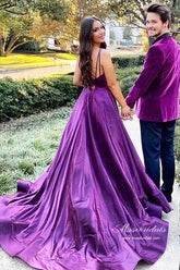 Purple Satin A-line Backless Long Prom Dresses With Slit, Evening Dress